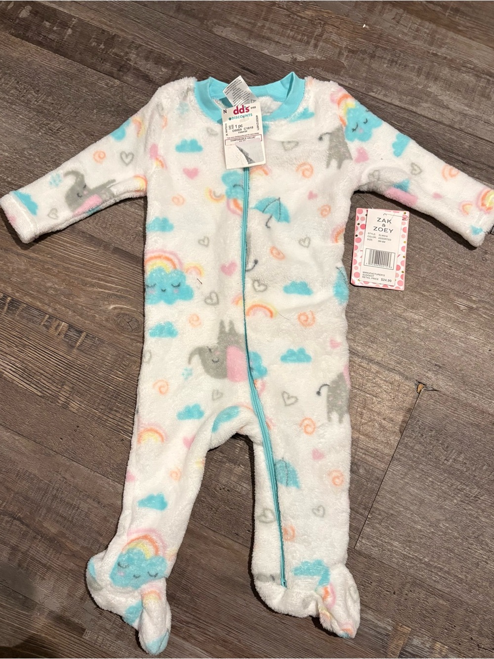 Zack & Zoey White Fleece Footed One-Piece with Pastel Cloud & Elephant Print